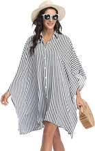 Load image into Gallery viewer, Black &amp; White Pin Stripe Button Up Swimwear Cover Up