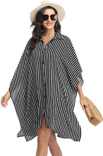 Load image into Gallery viewer, Black &amp; White Pin Stripe Button Up Swimwear Cover Up