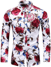 Load image into Gallery viewer, Men&#39;s Blue &amp; White Roses Long Sleeve Collared Button Down Shirt