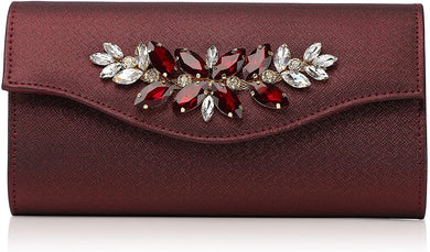 Bling Rhinestone Red Wine Leather Clutch Evening Cocktail Purse