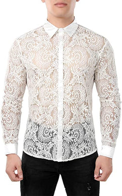 Men's Designer White Paisley Floral Lace Long Sleeve Shirt