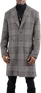 Men's Wool Blend Plaid Notched Long Trench Pea Coat