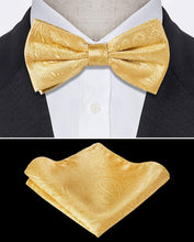 Load image into Gallery viewer, Men&#39;s Gold Paisley Pre-tied Bow Tie and Pocket Square Sets