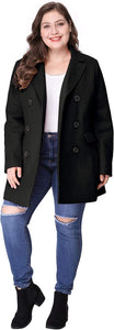 Plus Size Notched Lapel Black Double Breasted Long Coat