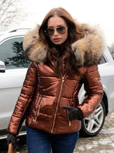 Load image into Gallery viewer, Metallic Brown Fur Hooded Quilted Winter Coat