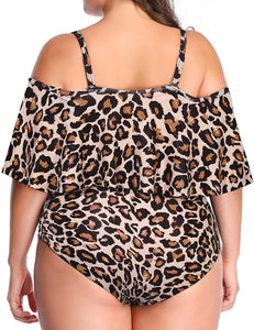 Control Flounce Leopard Plus Size One Piece Off Shoulder Bathing Suits