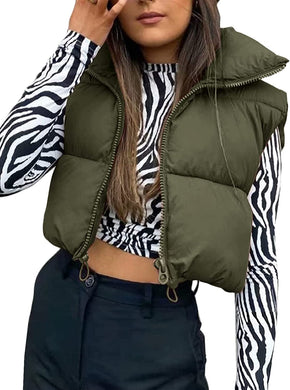 Women's Quilted Padded Army Green Cropped Puffer Vest