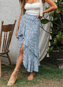 Blue Boho Floral High Low Side Split Riffle Skirt