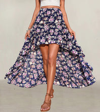 Load image into Gallery viewer, Blue Boho Floral High Low Side Split Riffle Skirt