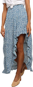 Blue Boho Floral High Low Side Split Riffle Skirt