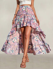 Load image into Gallery viewer, Blue Boho Floral High Low Side Split Riffle Skirt