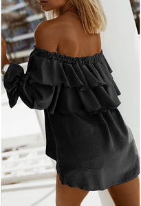 Blue Off Shoulder Ruffle Long Sleeve Layered Top