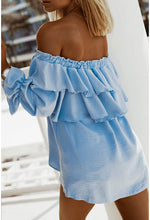 Load image into Gallery viewer, Blue Off Shoulder Ruffle Long Sleeve Layered Top