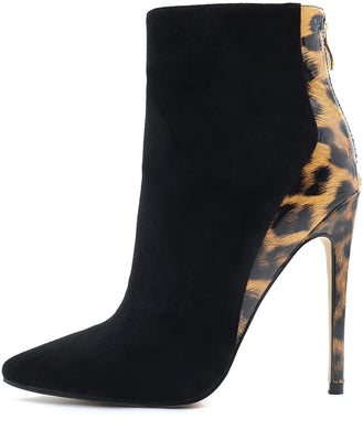 Black Leopard Ankle Boots Closed Pointed Toe Stilettos