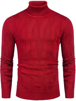 Men's Red Slim Fit Turtleneck Sweater Casual Knitted Pullover Sweater