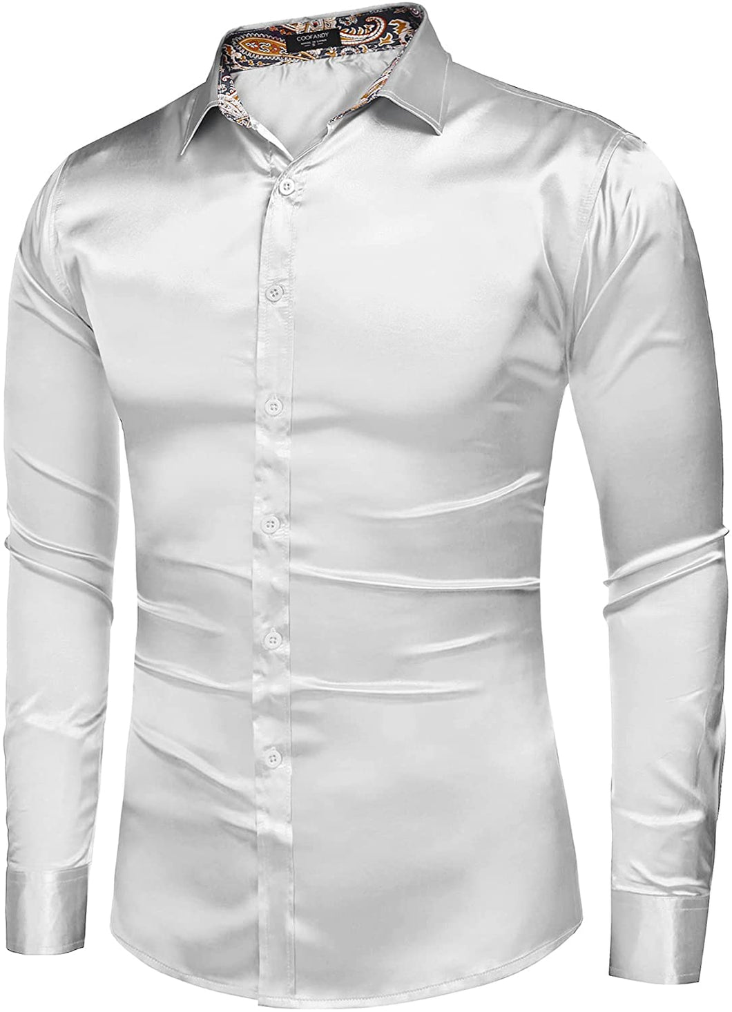 Men's Shiny Satin White Silk Long Sleeve Button Down Shirt