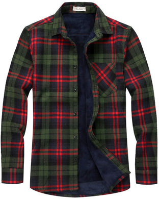 Men's Casual Green and Red Plaid Long Sleeve Fleece Shirt