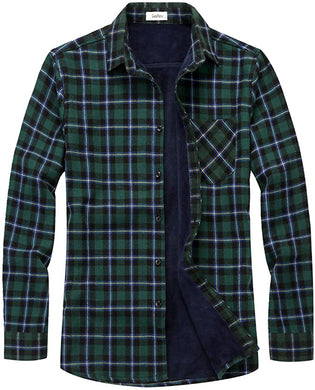 Men's Casual Green Plaid Long Sleeve Fleece Shirt