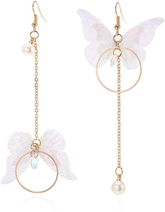 Cute White & Gold Butterfly Tassle Earring
