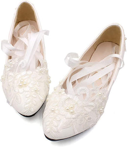 White Pearl Beaded Lace Wedding Flat Bridal Closed Toe Shoes