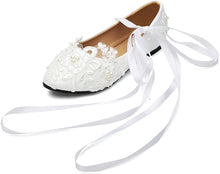 Load image into Gallery viewer, White Pearl Beaded Lace Wedding Flat Bridal Closed Toe Shoes