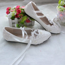 Load image into Gallery viewer, White Pearl Beaded Lace Wedding Flat Bridal Closed Toe Shoes