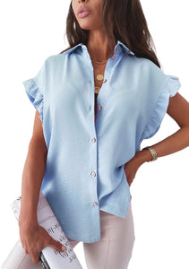 Suave White Button Down Ruffle Short Sleeve Loose Blouses