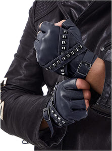 Men's Navy Blue Leather Motorcycle Driver Gloves Sheepskin for Men