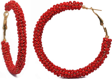 Fashion Red Beaded Hoop Handmade Boho Earrings