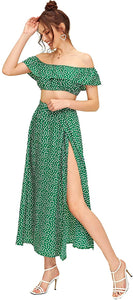 Polka Green Crop Top and Split Long Skirt Set