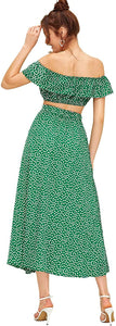 Polka Green Crop Top and Split Long Skirt Set