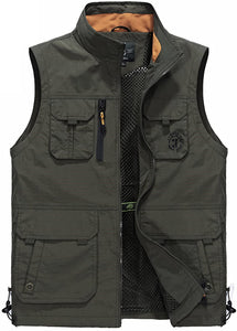 Men's Med Khaki Outdoor Vest Sleeveless Jacket Multi Pockets
