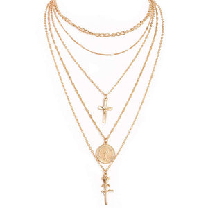 Holy Layered Cross Gold Coin Chain Rose Flower Pendant Necklace