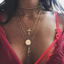 Load image into Gallery viewer, Holy Layered Cross Gold Coin Chain Rose Flower Pendant Necklace