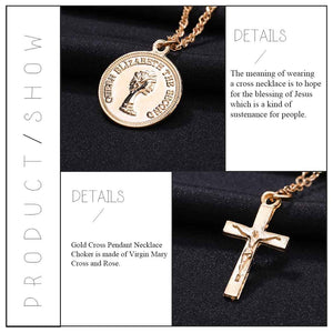 Holy Layered Cross Gold Coin Chain Rose Flower Pendant Necklace