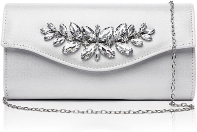 Bling Rhinestone Silver Leather Clutch Evening Cocktail Purse