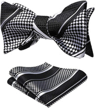 Load image into Gallery viewer, Stunning Striped Self Black-White Bow Tie Square Pocket Set