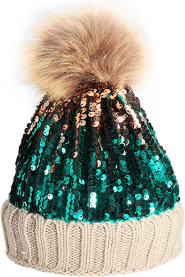 Whimsical Bella Khaki Sequin Knitted Beanie Hat