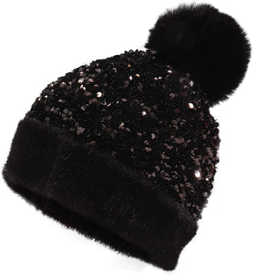 Whimsical Bella Black Sequin Knitted Beanie Hat