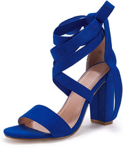 Load image into Gallery viewer, Lace Up High Heeled Royal Blue Chunky Block Ankle Strappy Sandals
