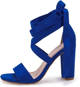 Lace Up High Heeled Royal Blue Chunky Block Ankle Strappy Sandals