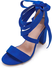 Load image into Gallery viewer, Lace Up High Heeled Royal Blue Chunky Block Ankle Strappy Sandals