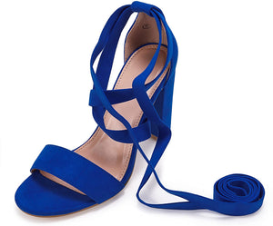 Lace Up High Heeled Royal Blue Chunky Block Ankle Strappy Sandals