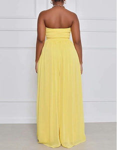 Wild Free Yellow Off Shoulder Dress tube Loose Romper with Pockets Jumpsuit
