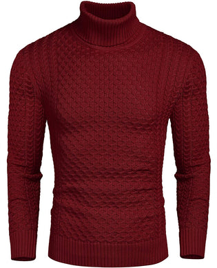 Men's Honeycomb Knit Wine Red Pullover Turtleneck Sweater