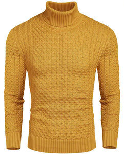 Men's Honeycomb Knit Pattern Yellow Pullover Turtleneck Sweater