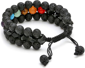 7 Chakras Obsidian Lava Rock Stones Healing Crystals Bracelet