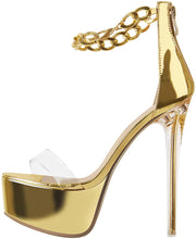 Load image into Gallery viewer, Gold Clear Heel Open Toe Ankle Strap Sandals