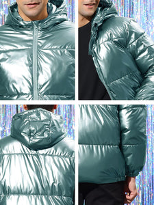 Men's Metallic Silver Shiny Hooded Long Sleeve Jacket