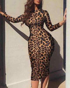 Leopard Printed Mock Neck Long Sleeve Midi Dress